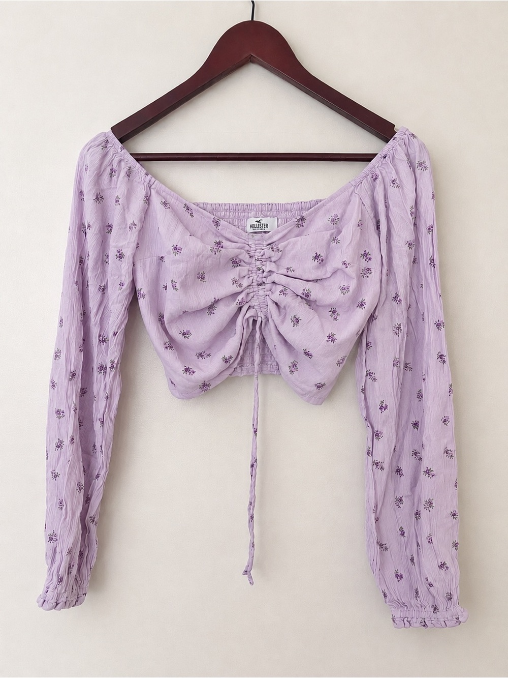 Hollister Floral Ruched Front Crop Top Lavender Long Sleeve Size S Like New
